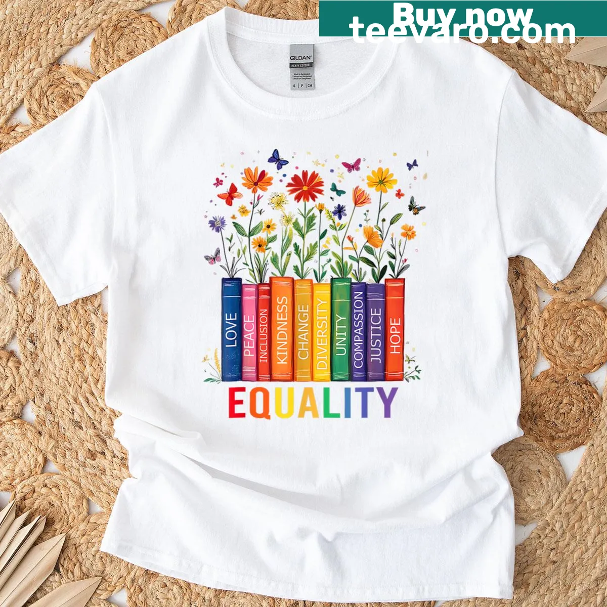 Design featuring words of love, peace, and kindness with flowers — on a men's t-shirt