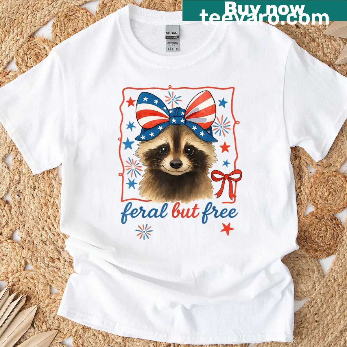 Funny raccoon T-shirt with 'Feral But Free' text suitable for everyone. — on a men's t-shirt