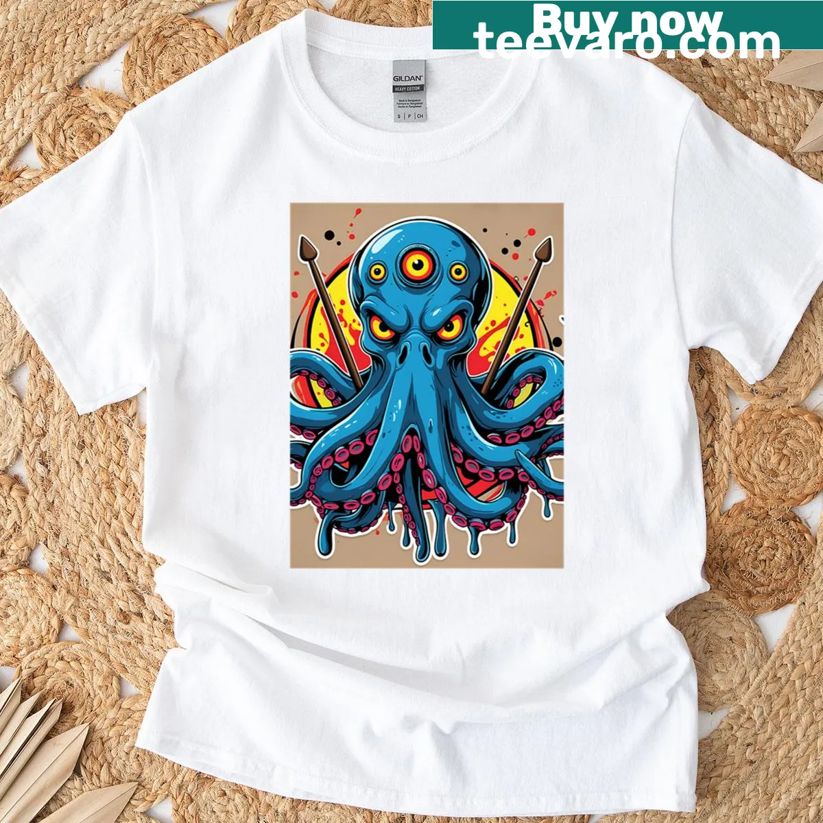 Tribal street art octopus warrior T-shirt with bold illustration. — on a men's t-shirt