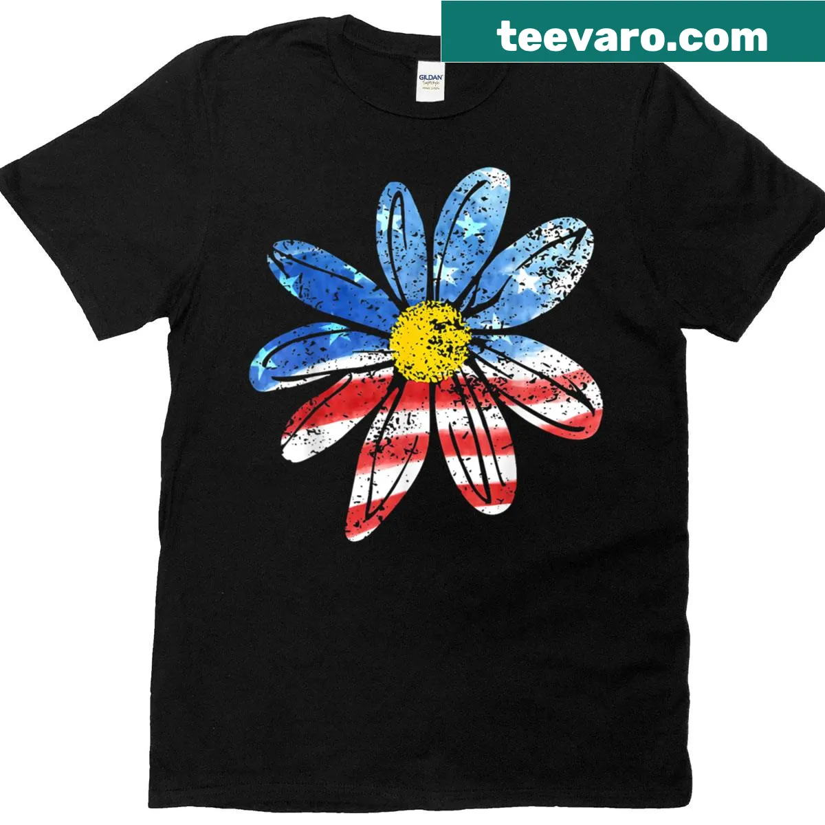 Floral American flag design with daisies on a T-shirt — on a men's t-shirt