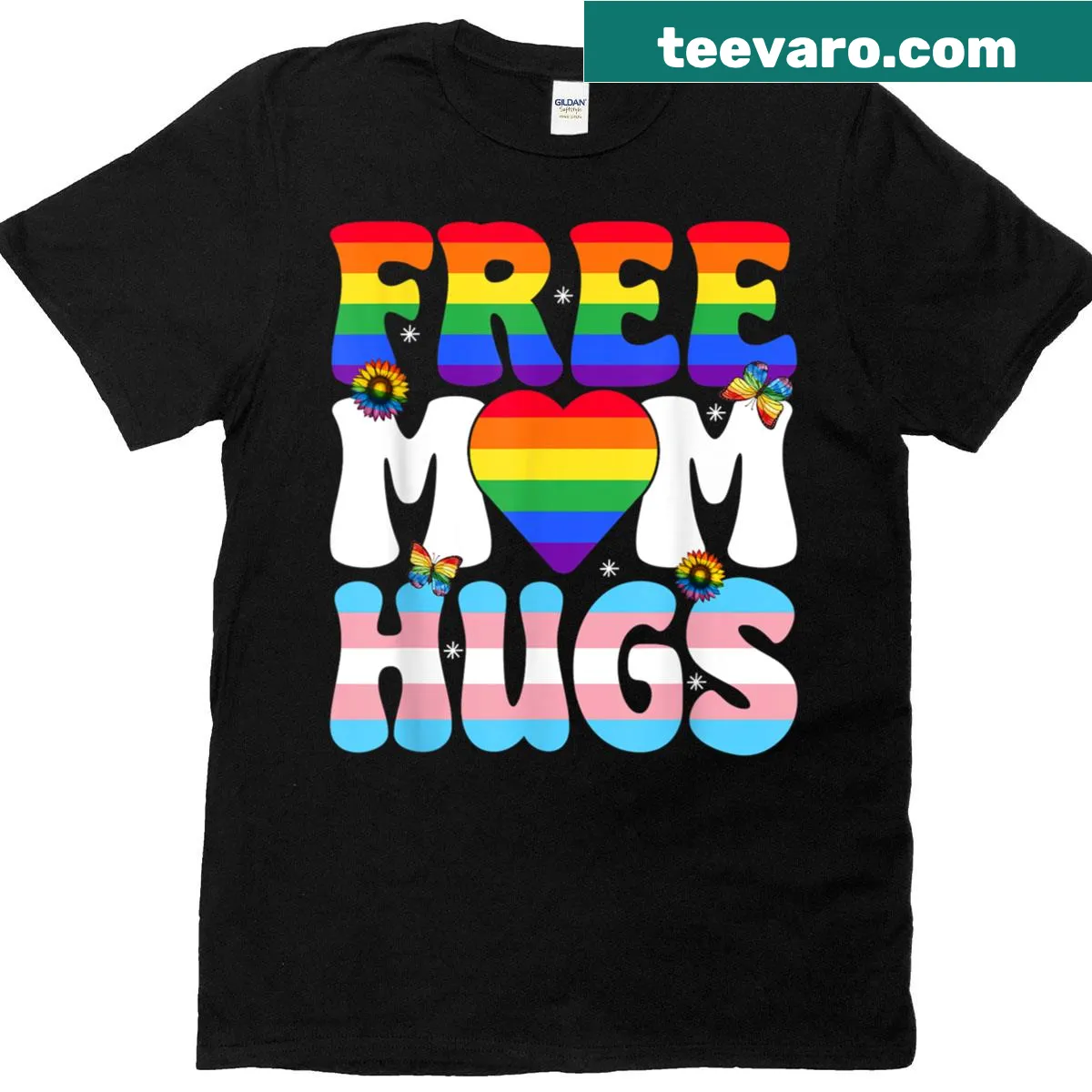Rainbow 'Free Mom Hugs' T-shirt supporting love and LGBTQ+ pride — on a men's t-shirt