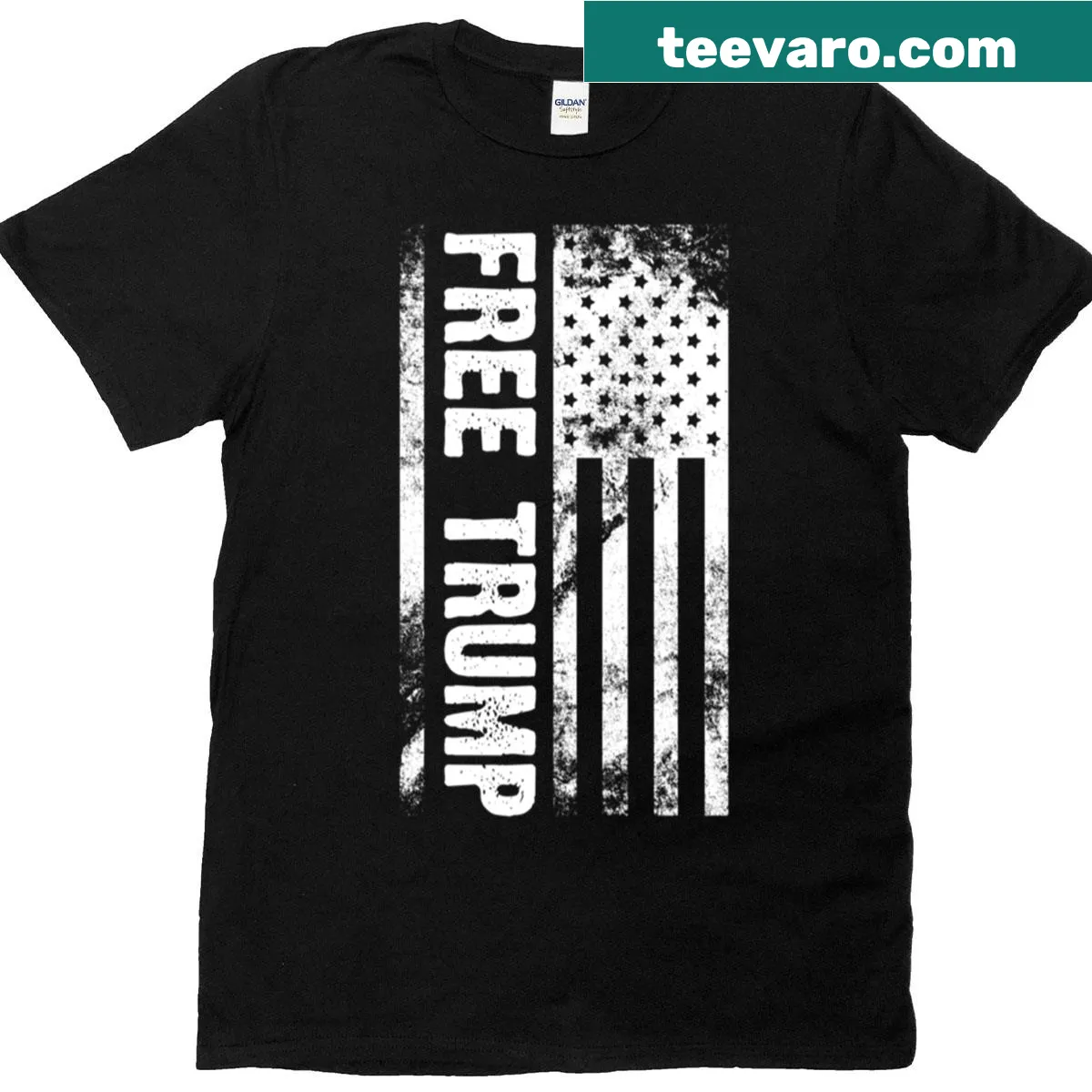 Humorous t-shirt featuring Donald Trump's mugshot and 'Free Trump' text — on a men's t-shirt
