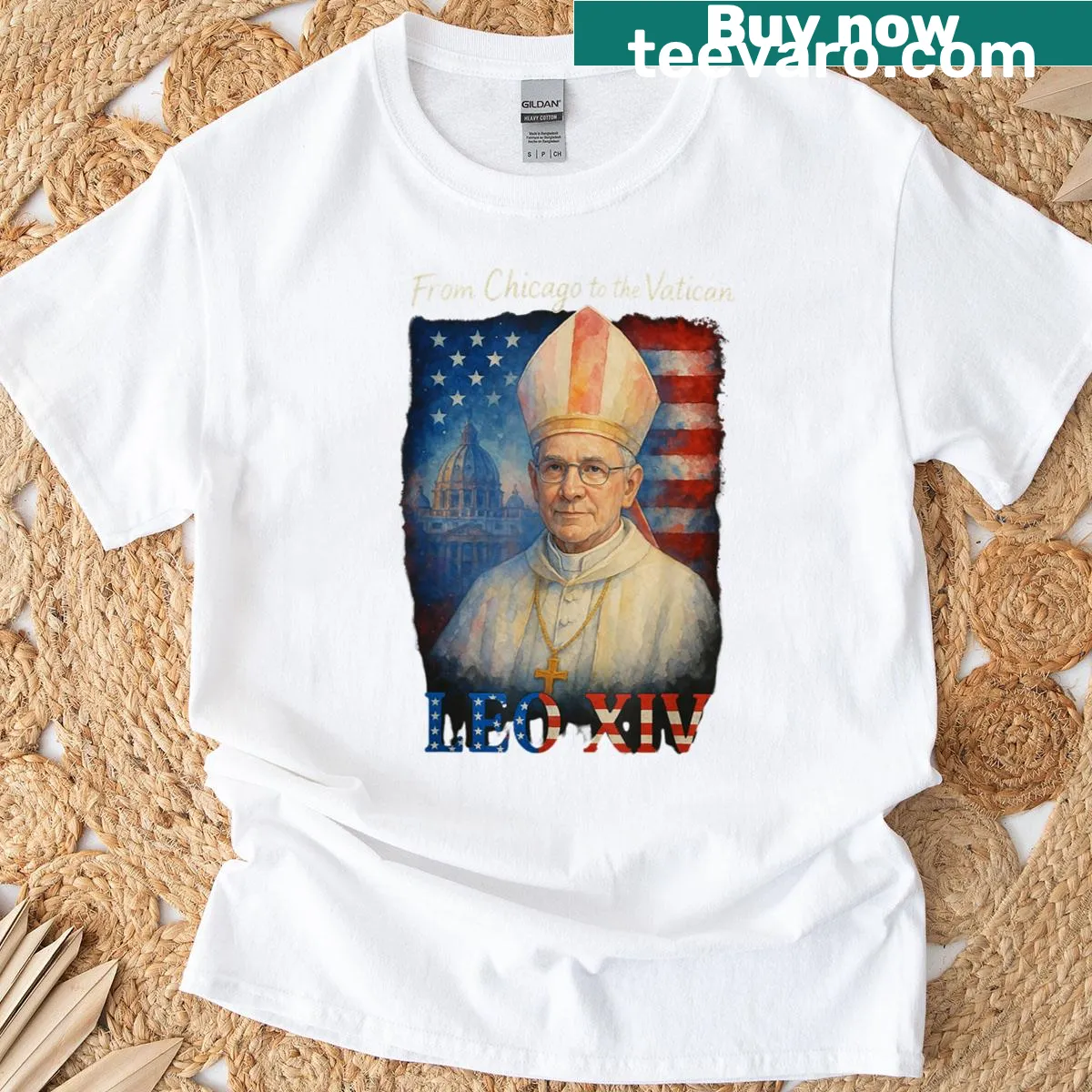 Graphic tee featuring Pope Leo XIV with Chicago backdrop. — on a men's t-shirt