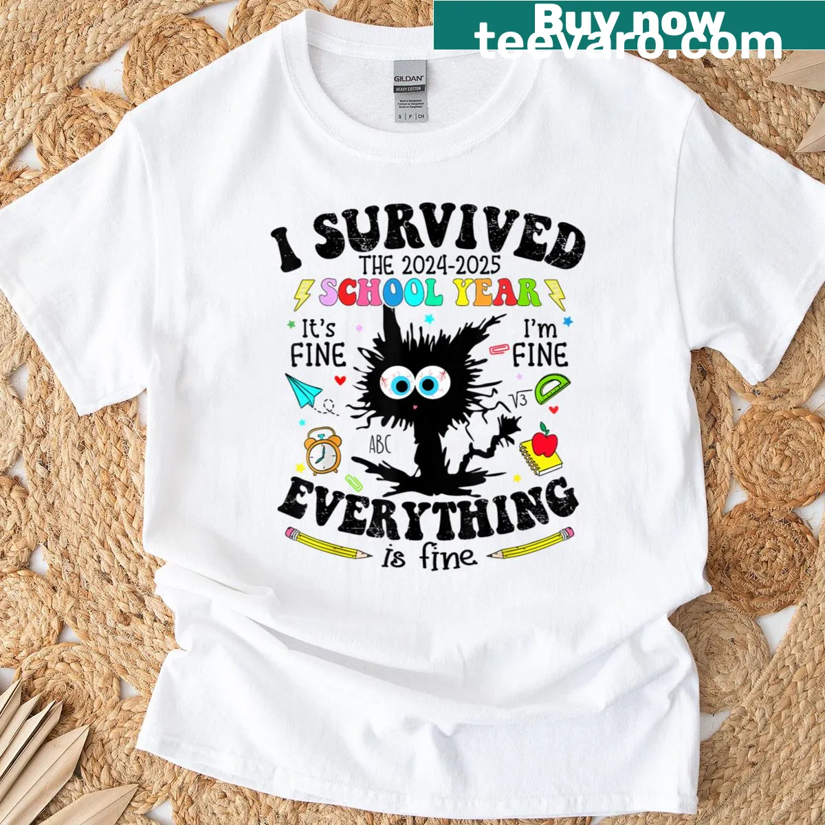 Humorous T-shirt saying I Survived Last Day Of School with a cat — on a men's t-shirt