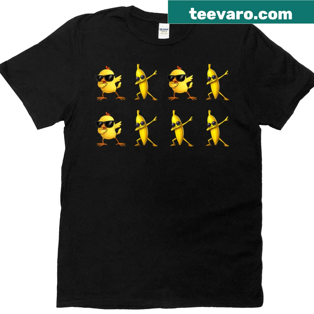 Funny chicken and banana cartoon graphic t-shirt for all ages. — on a men's t-shirt