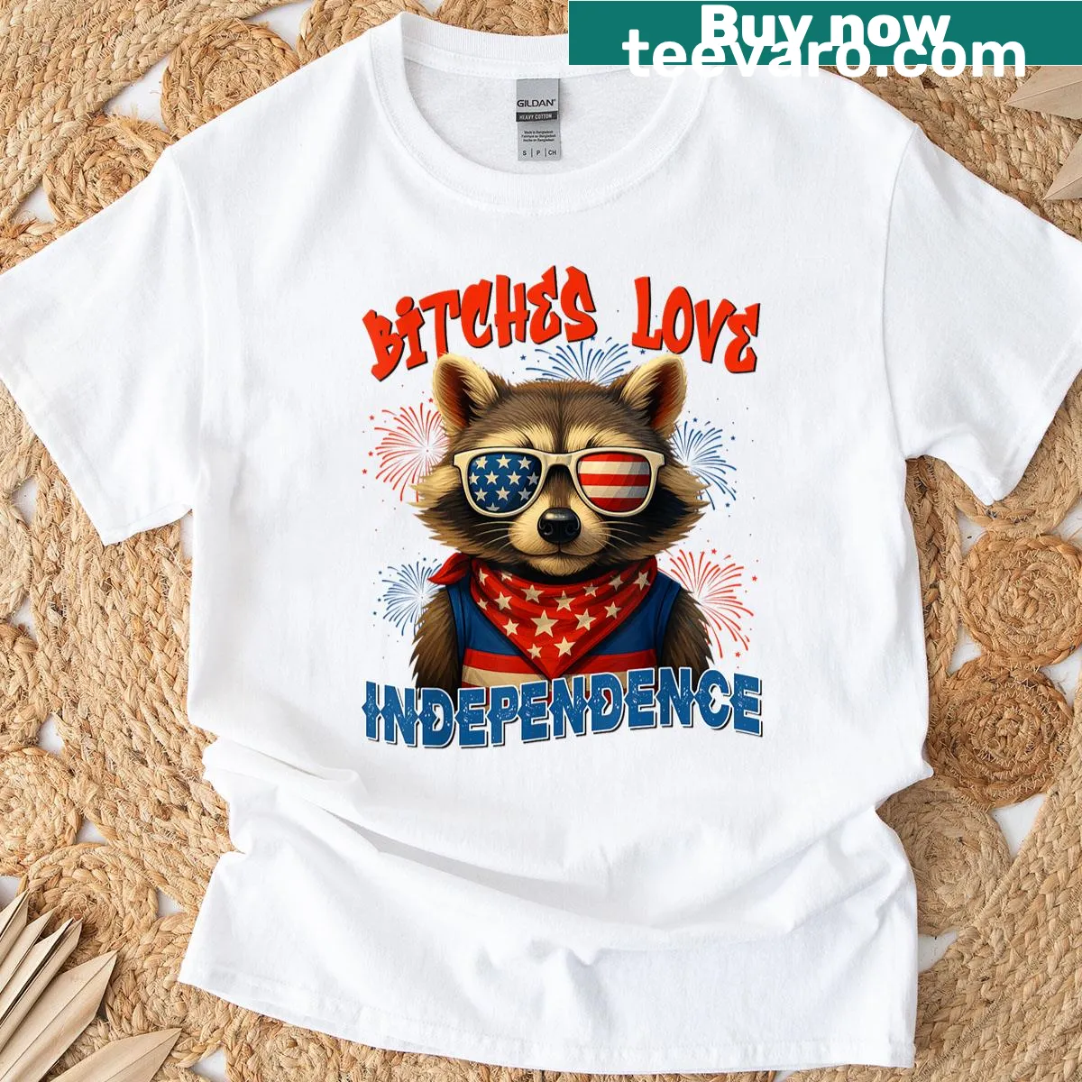Patriotic T-shirt with a funny raccoon illustration — on a men's t-shirt