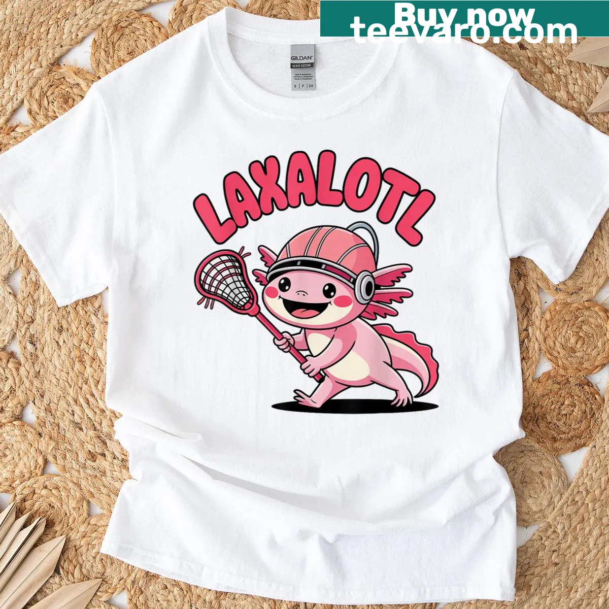 Cartoon axolotl playing lacrosse with fun lettering — on a men's t-shirt
