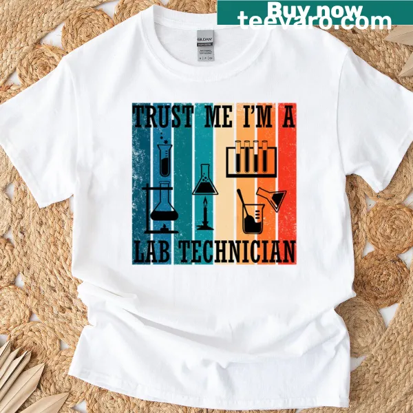 Witty sayings for medical lab techs on a fitted T-shirt.