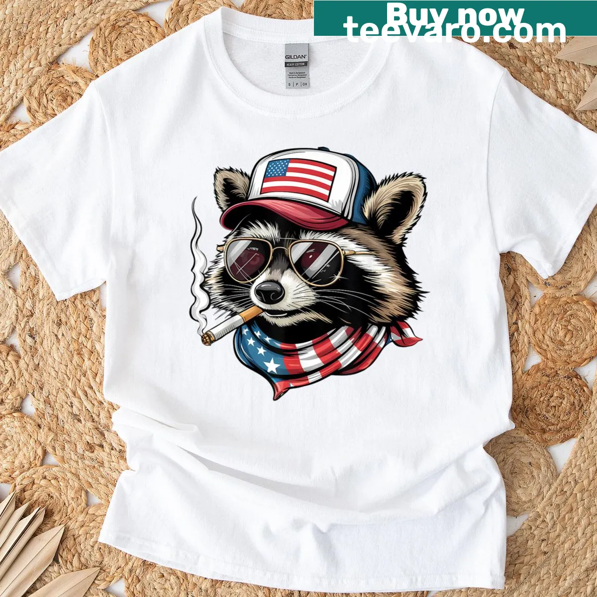 Cartoon raccoon smoking in a humorous meme style — on a men's t-shirt