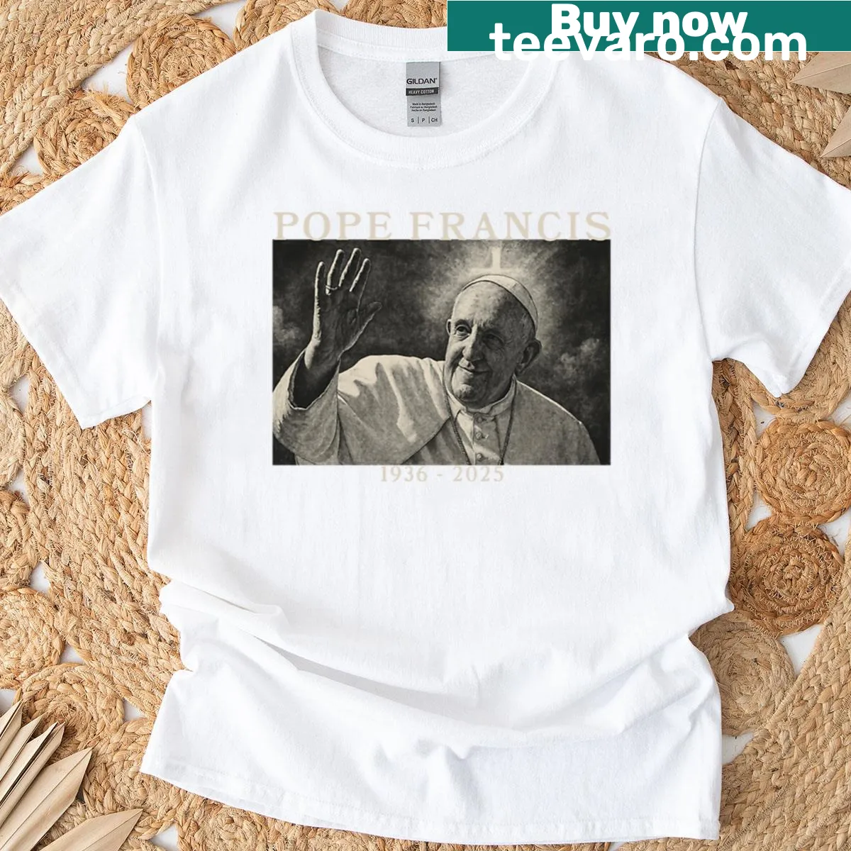 Typography G Bye Frncis Pope t-shirt with a humorous message — on a men's t-shirt