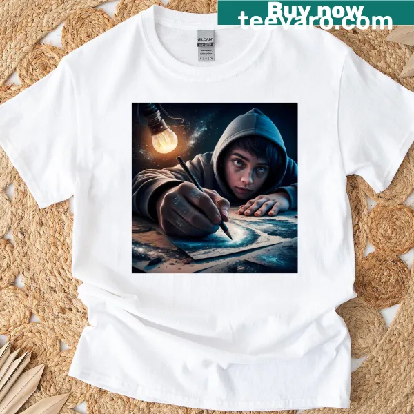 Illustration of a pencil leading to a galaxy on a T-shirt