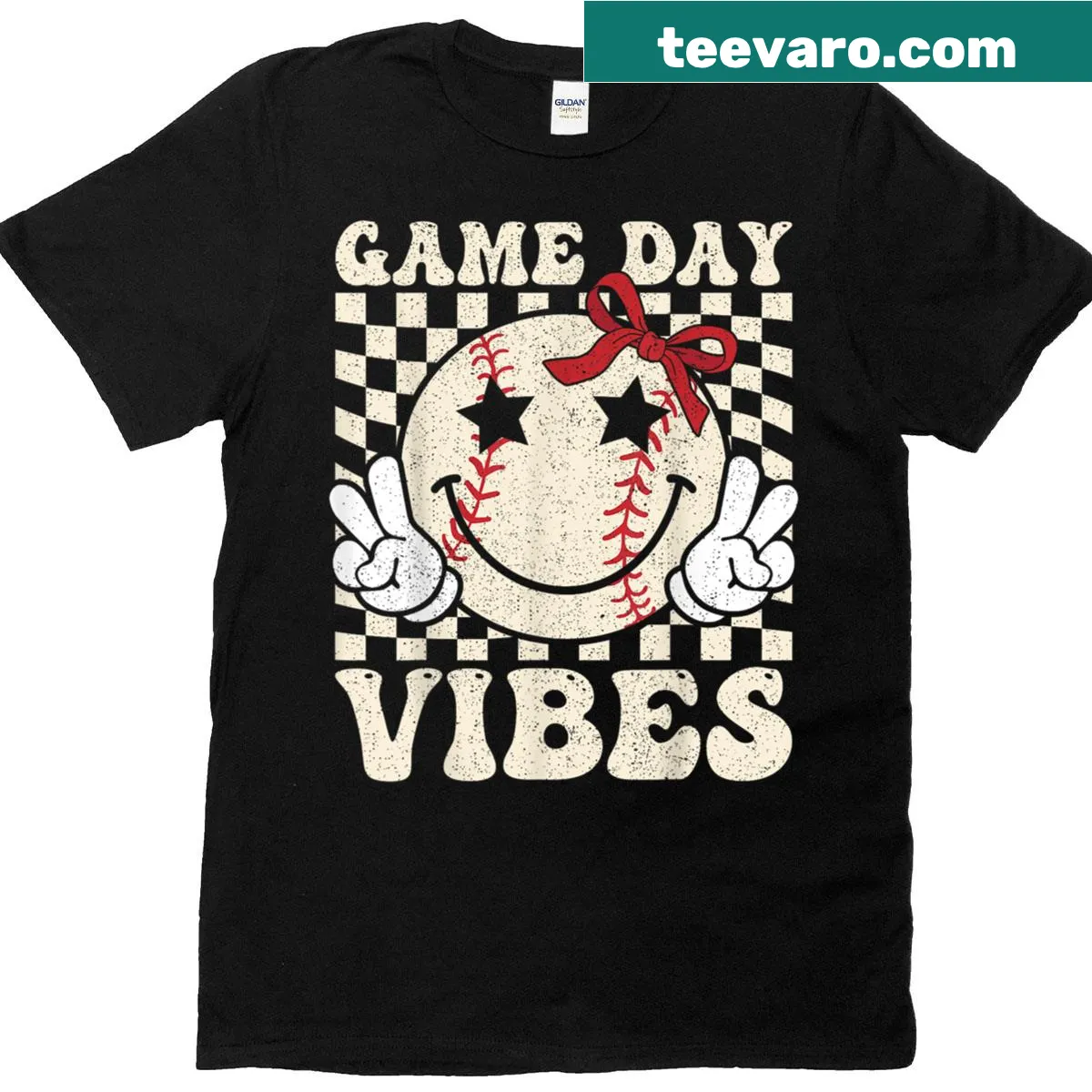 Retro baseball T-shirt for women with coquette bow design — on a men's t-shirt
