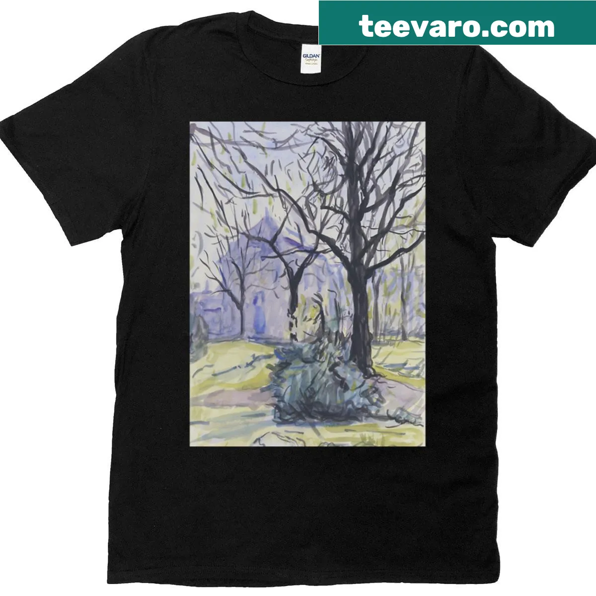 Illustration of a garden at sunset, depicting nature's serene beauty — on a men's t-shirt