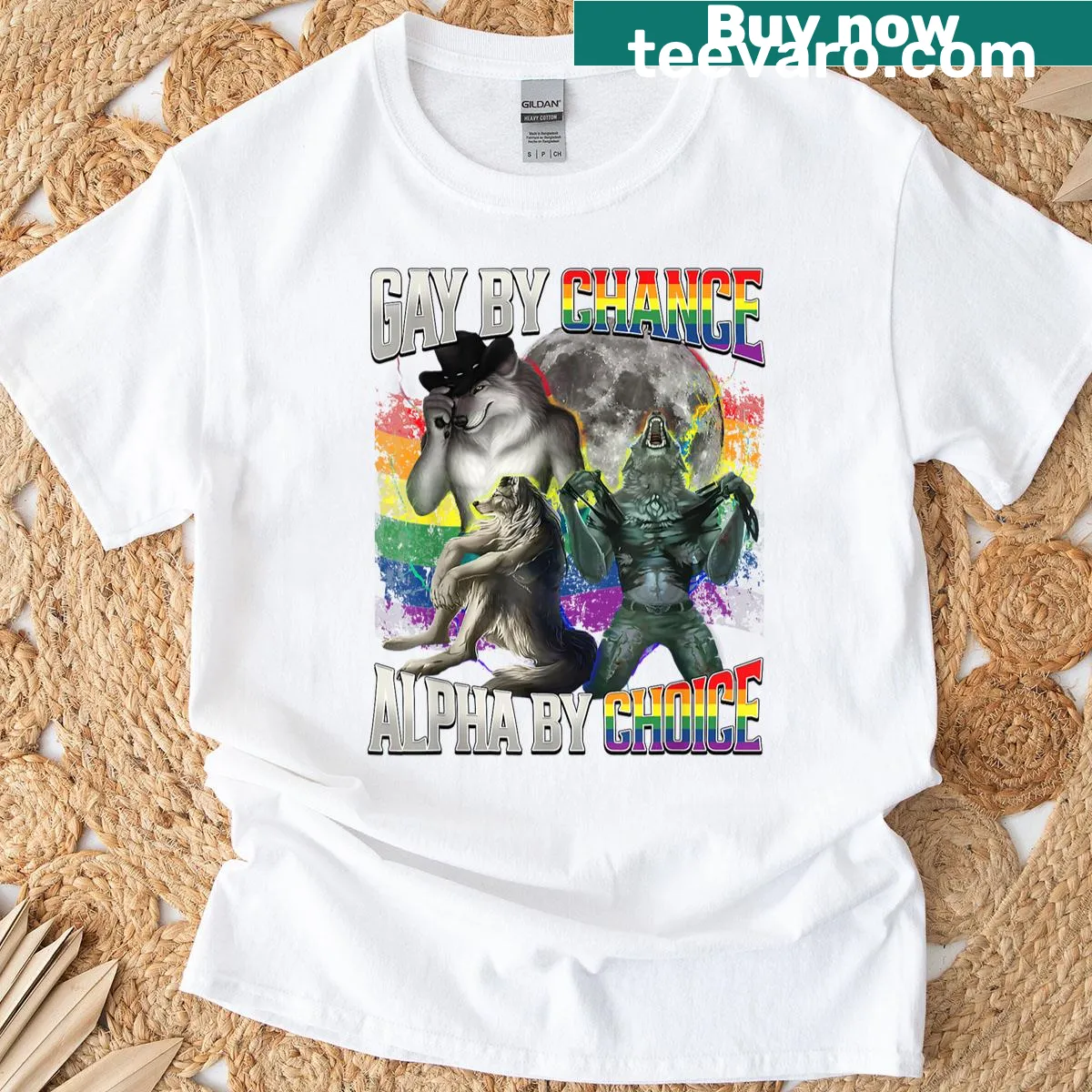 Pride-themed t-shirt with phrase Gay By Chance Alpha By Choice — on a men's t-shirt