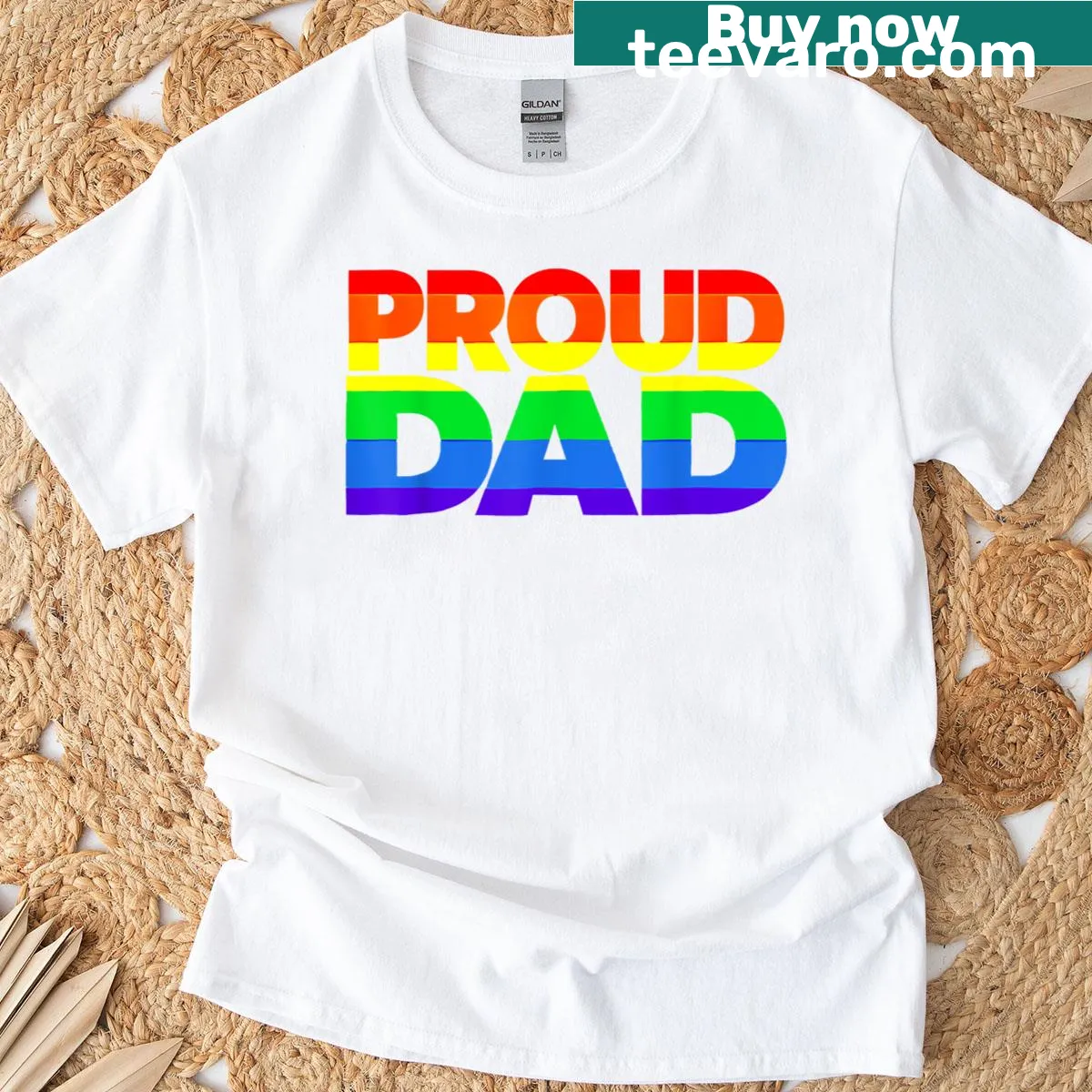 Proud Dad Gay Pride shirt with bold typography and heart graphics — on a men's t-shirt