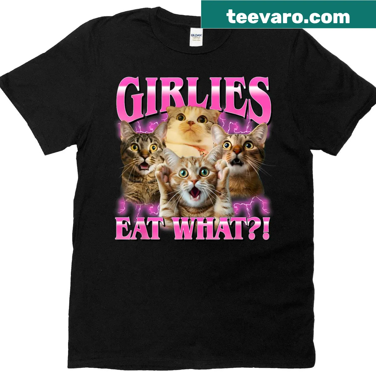 Funny LGBT pride t-shirt with the phrase 'Girlies Eat What' — on a men's t-shirt