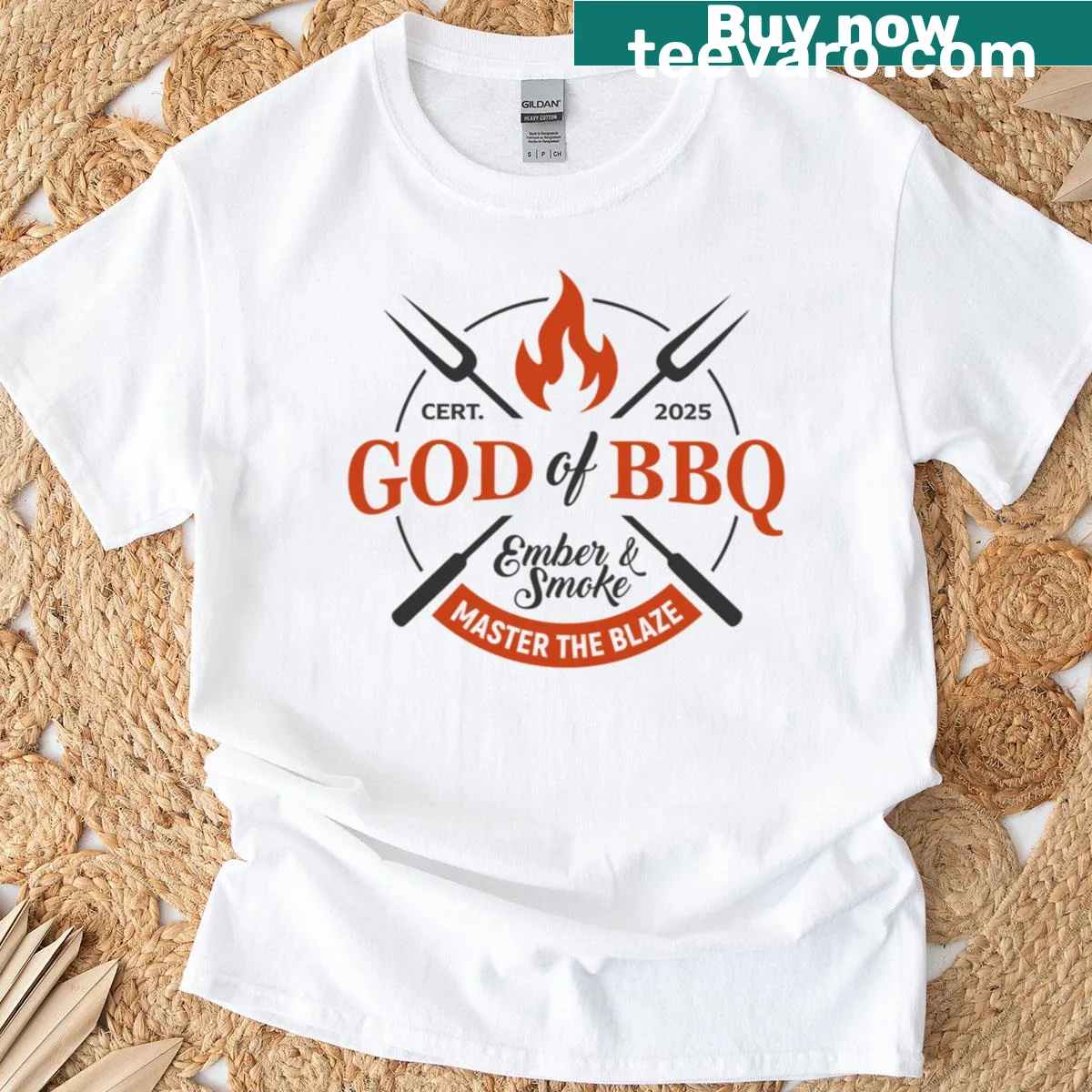 Badge-style graphic declaring mastery of BBQ on a T-shirt — on a men's t-shirt