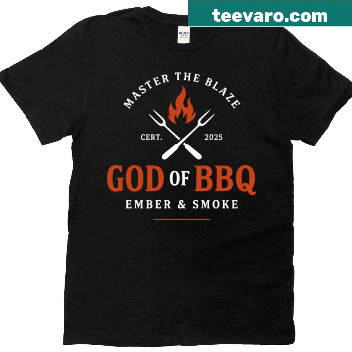 Oversized BBQ Master T-shirt with flames and smoke illustration — on a men's t-shirt