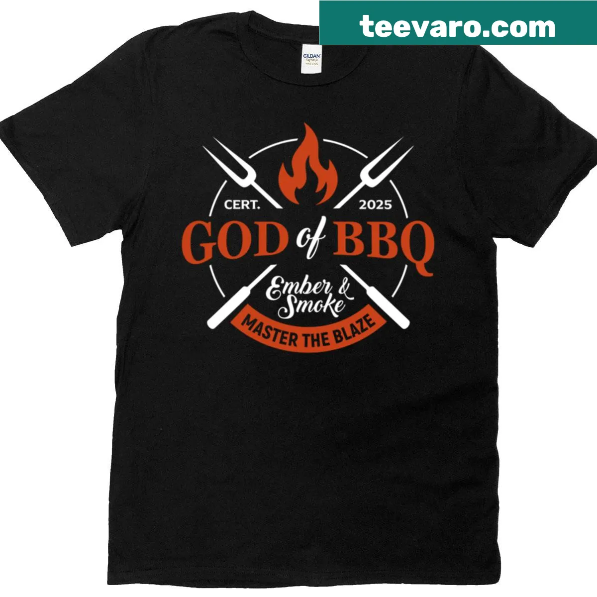 Oversized BBQmaster t-shirt with badge design and flame motif — on a men's t-shirt
