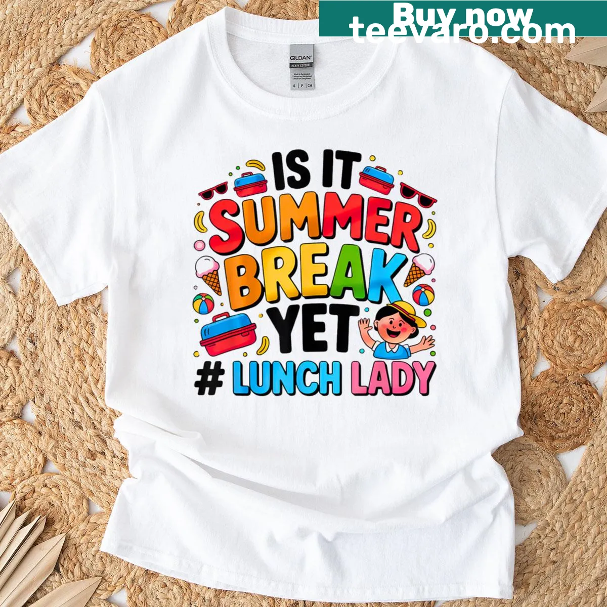 Illustration of a lunch lady waving goodbye to the cafeteria — on a men's t-shirt