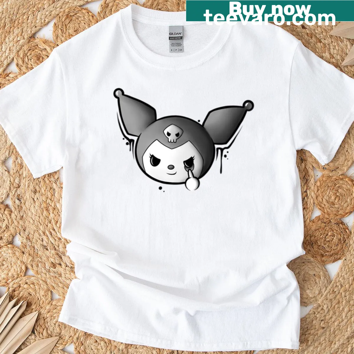Gothic Kuromi illustrated in grayscale on a T-shirt — on a men's t-shirt