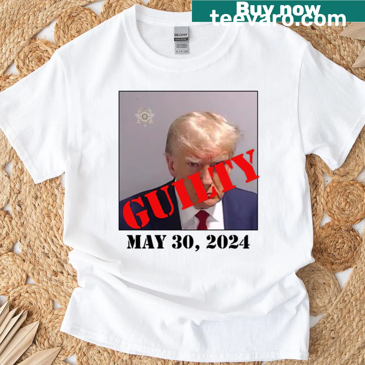 T-shirt featuring a mugshot graphic with Guilty May 30 2024 — on a men's t-shirt