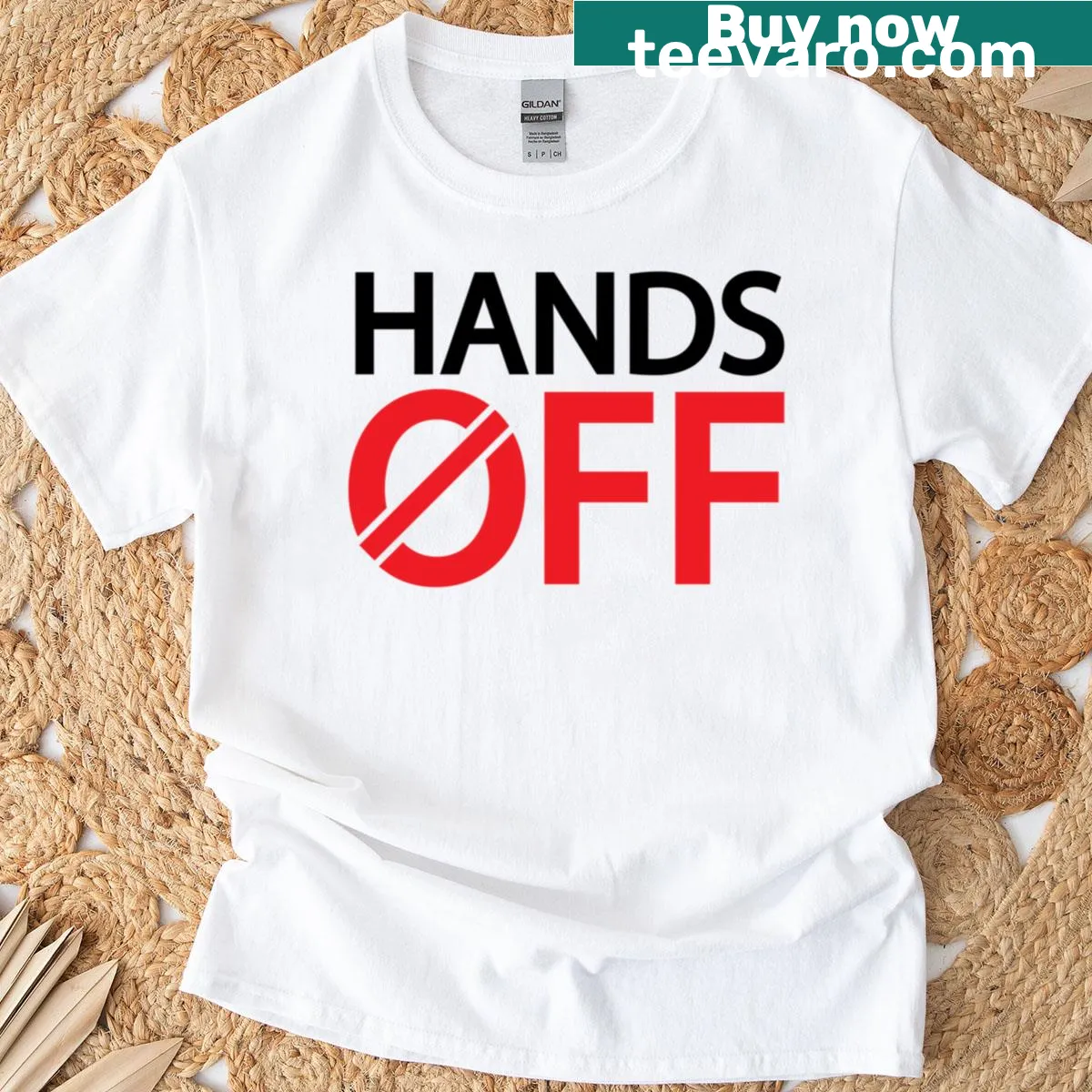 Typographic design T-shirt with Hands Off message — on a men's t-shirt