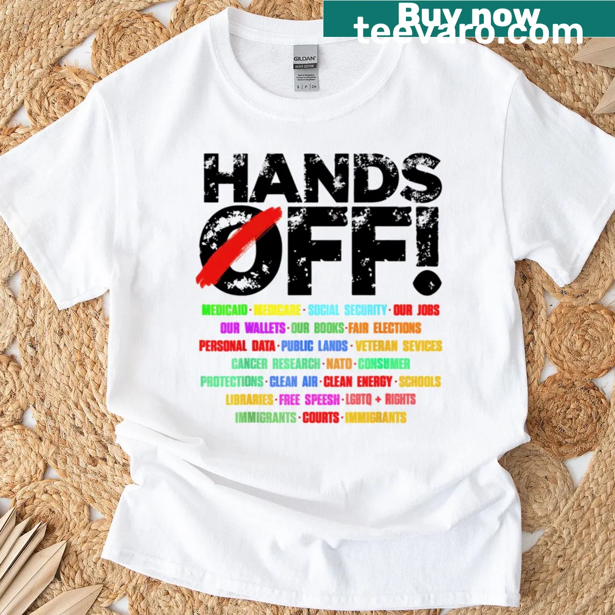 Retro protest t-shirt with 'Hands Off' text for casual wear — on a men's t-shirt