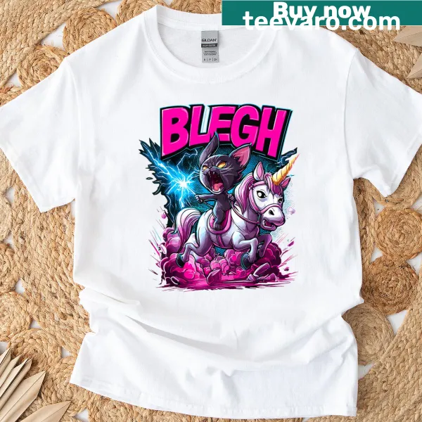 Funny T-shirt featuring a cat riding a unicorn in a heavy metal style