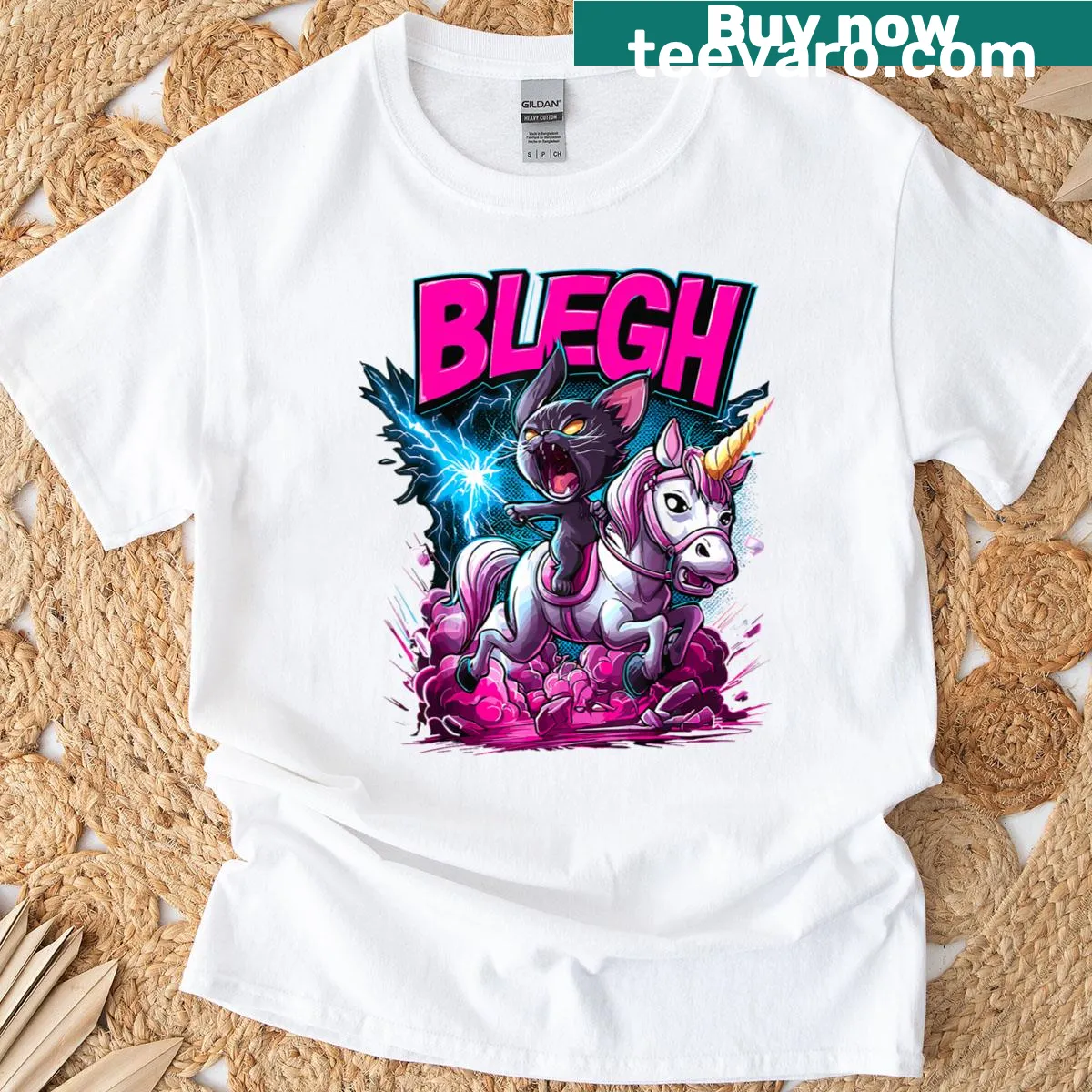 Funny T-shirt featuring a cat riding a unicorn in a heavy metal style — on a men's t-shirt
