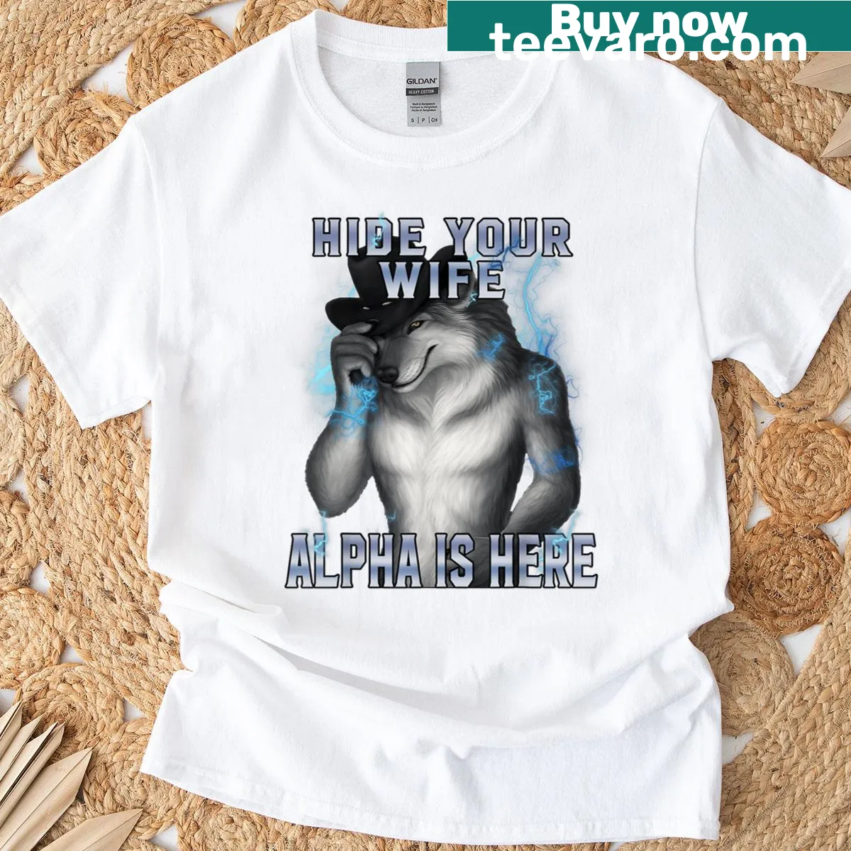 Bold text design announcing The Alpha Is Here, humorous meme shirt — on a men's t-shirt