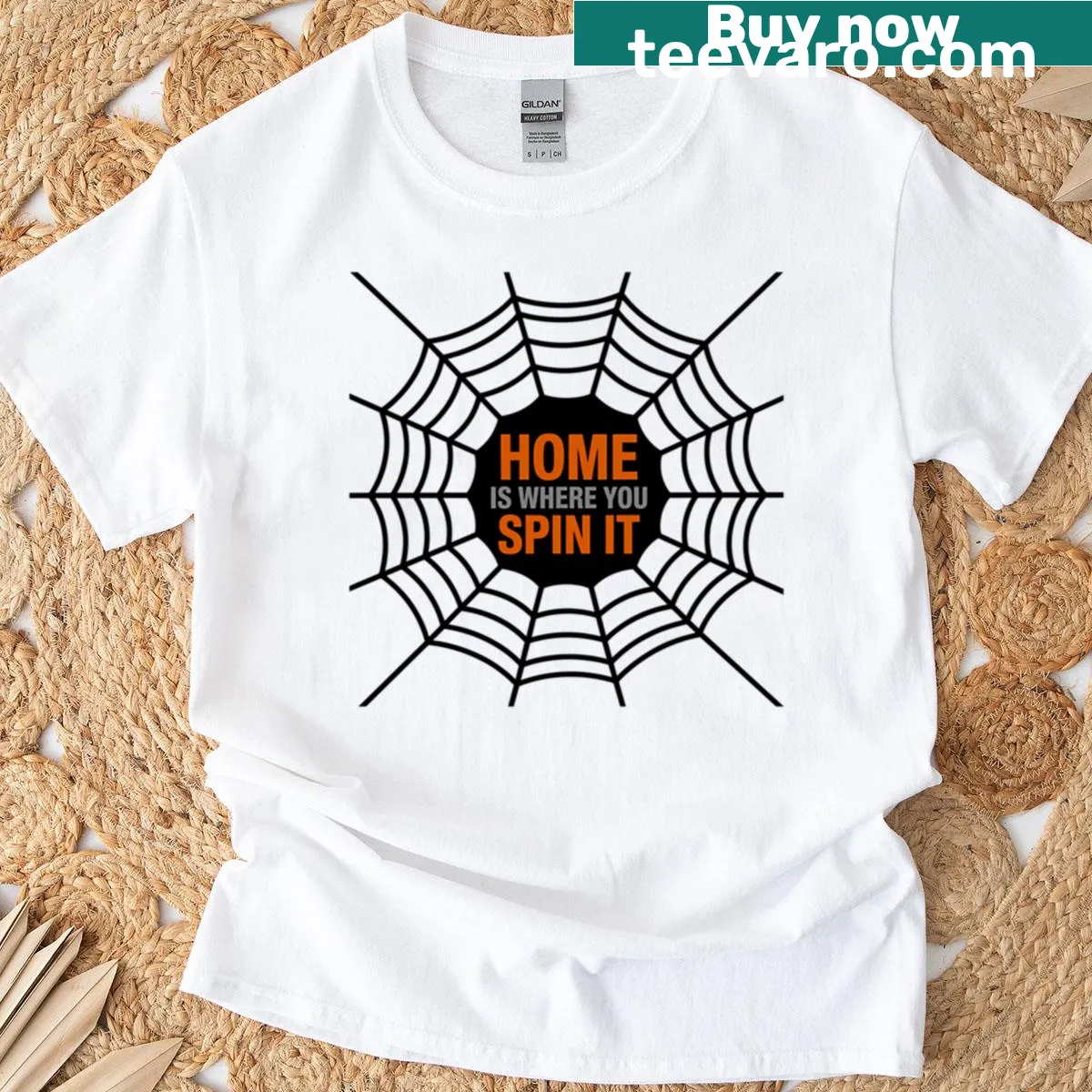 T-shirt with spider web design and 'Home Is Where You Spin It' text — on a men's t-shirt