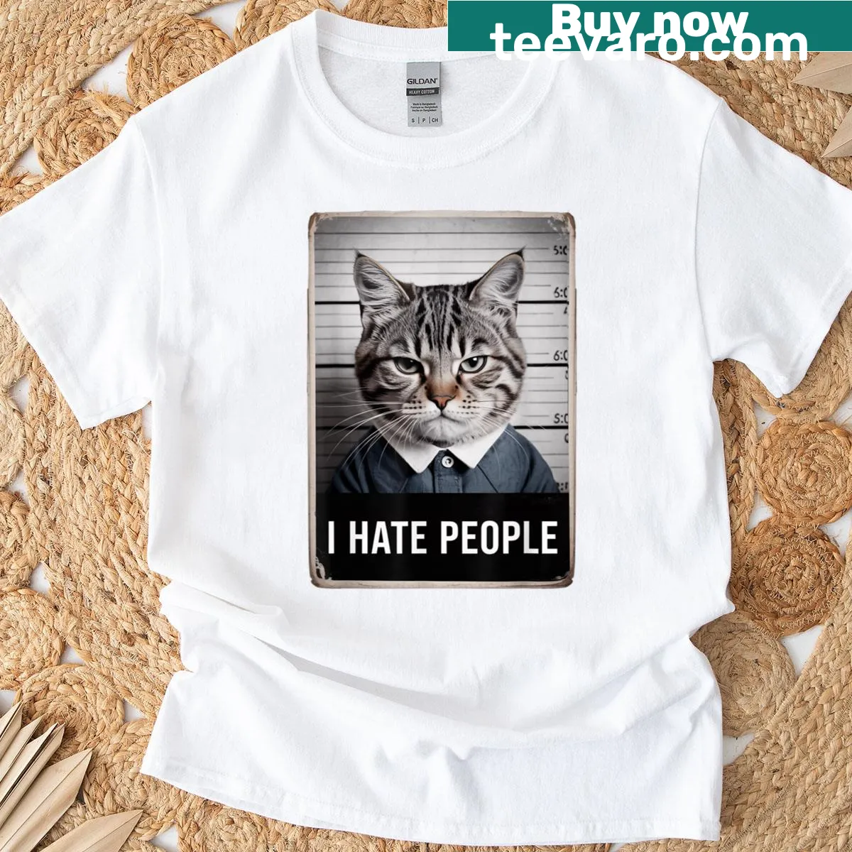 Funny t-shirt with mugshot cat and 'I Hate People' text — on a men's t-shirt