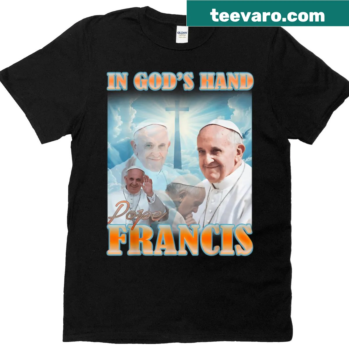 T-shirt with 'In God's Hand' text inspired by Pope Francis — on a men's t-shirt