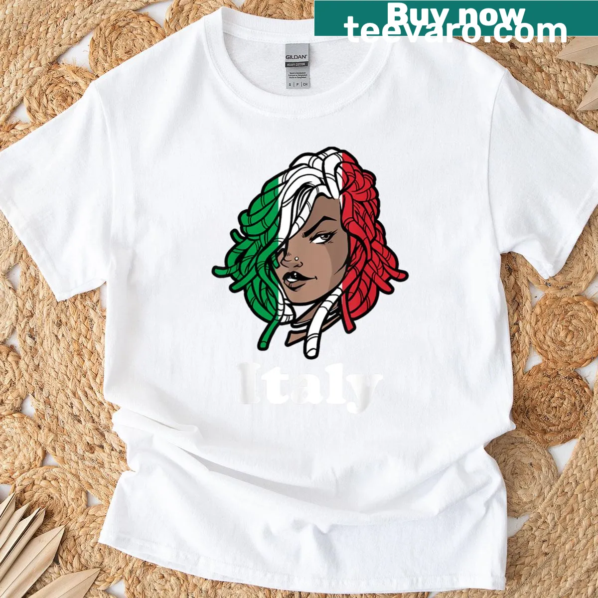 Illustration of a girl with dreadlocks and Italy flag colors — on a men's t-shirt