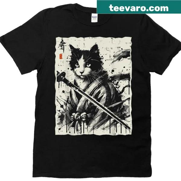 Vintage cat warrior with katana design on T-shirt