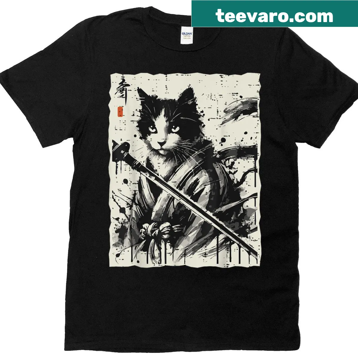 Vintage cat warrior with katana design on T-shirt — on a men's t-shirt