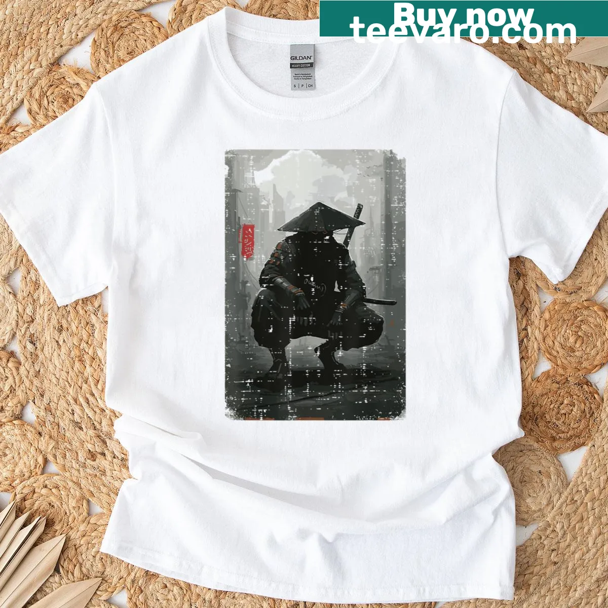 Ukiyoe art of a Samurai Warrior with hat on a t-shirt — on a men's t-shirt