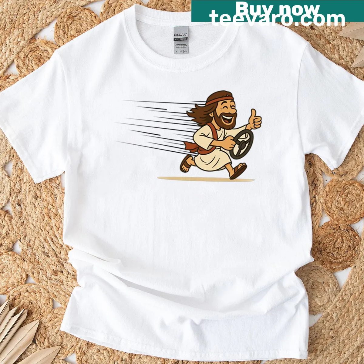 Inspirational t-shirt with the phrase 'Jesus Take The Wheel' — on a men's t-shirt