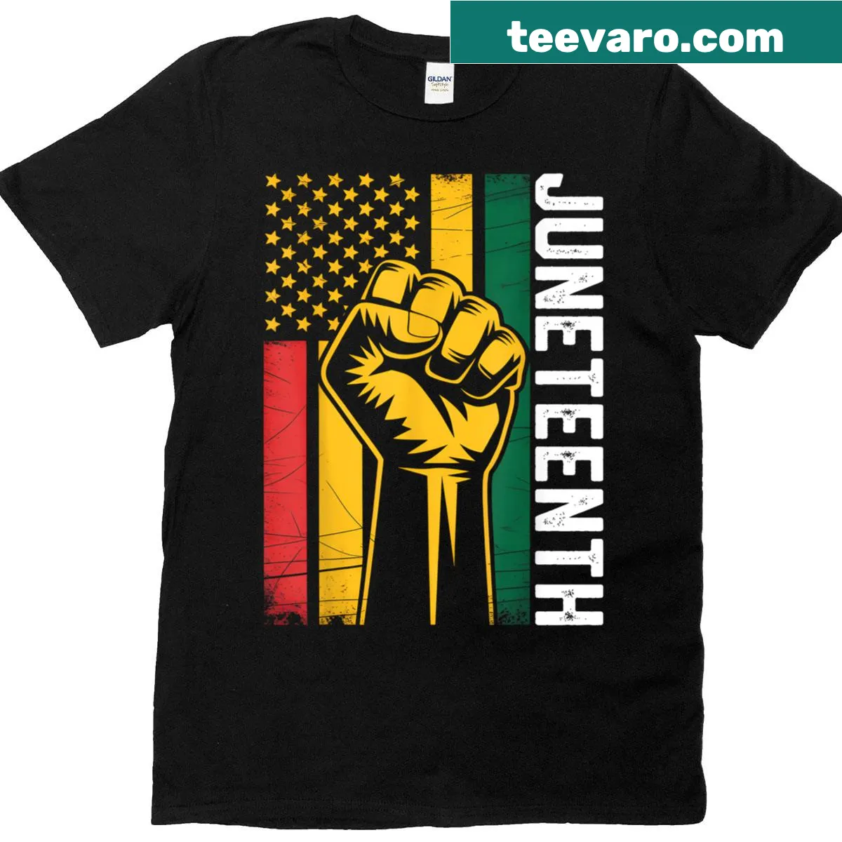 Black power fist graphic with American flag design — on a men's t-shirt