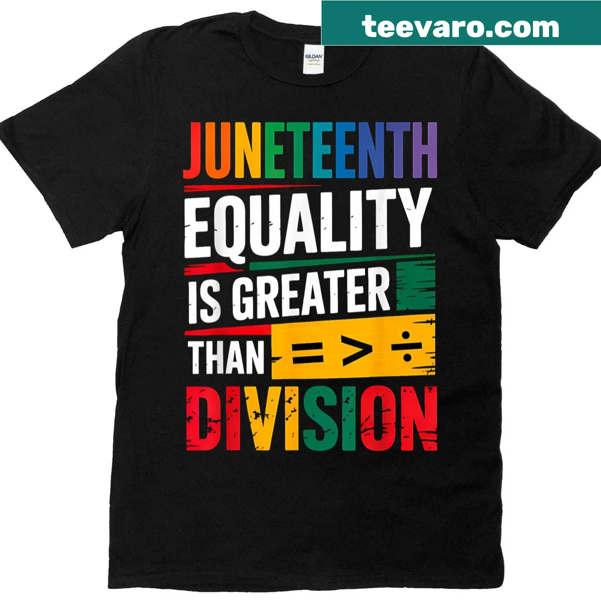Equality Greater Than Division text graphic — on a men's t-shirt