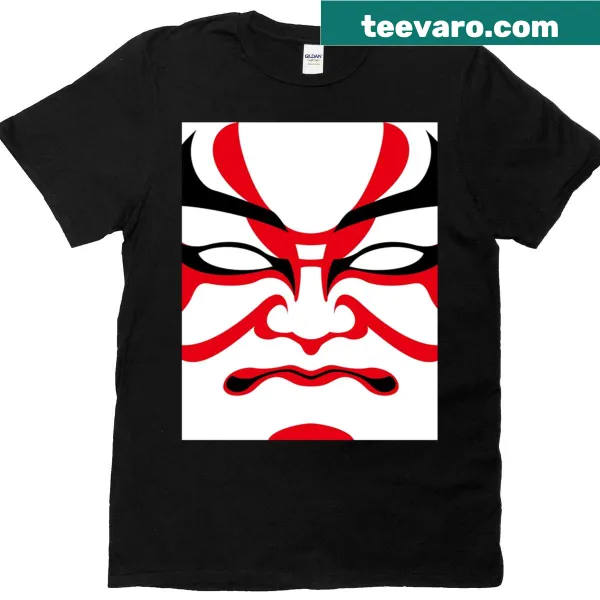 Kabuki mask graphic T-shirt featuring abstract design.