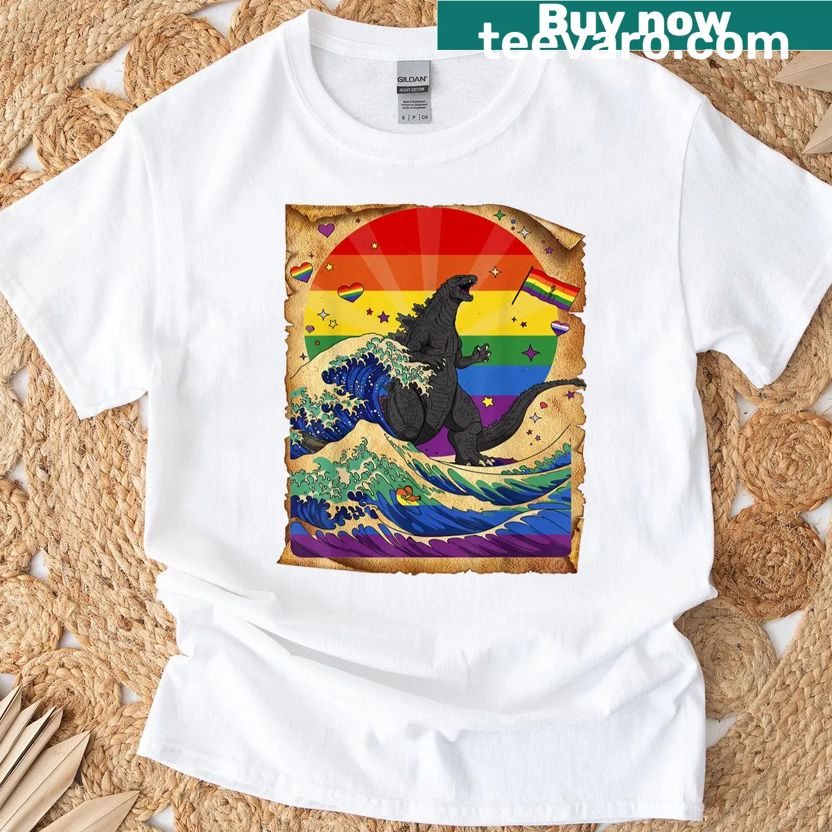 T-shirt featuring a playful kaiju monster movie design. — on a men's t-shirt