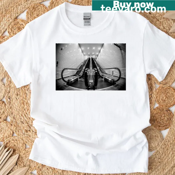 Graphic of Kings Cross escalator on a t-shirt