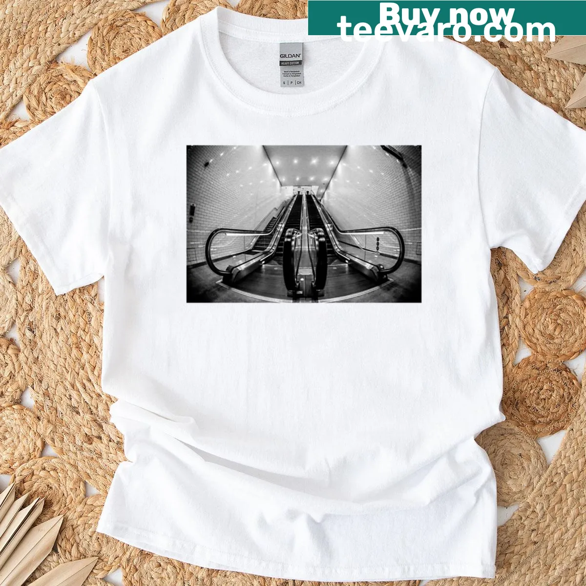 Graphic of Kings Cross escalator on a t-shirt — on a men's t-shirt
