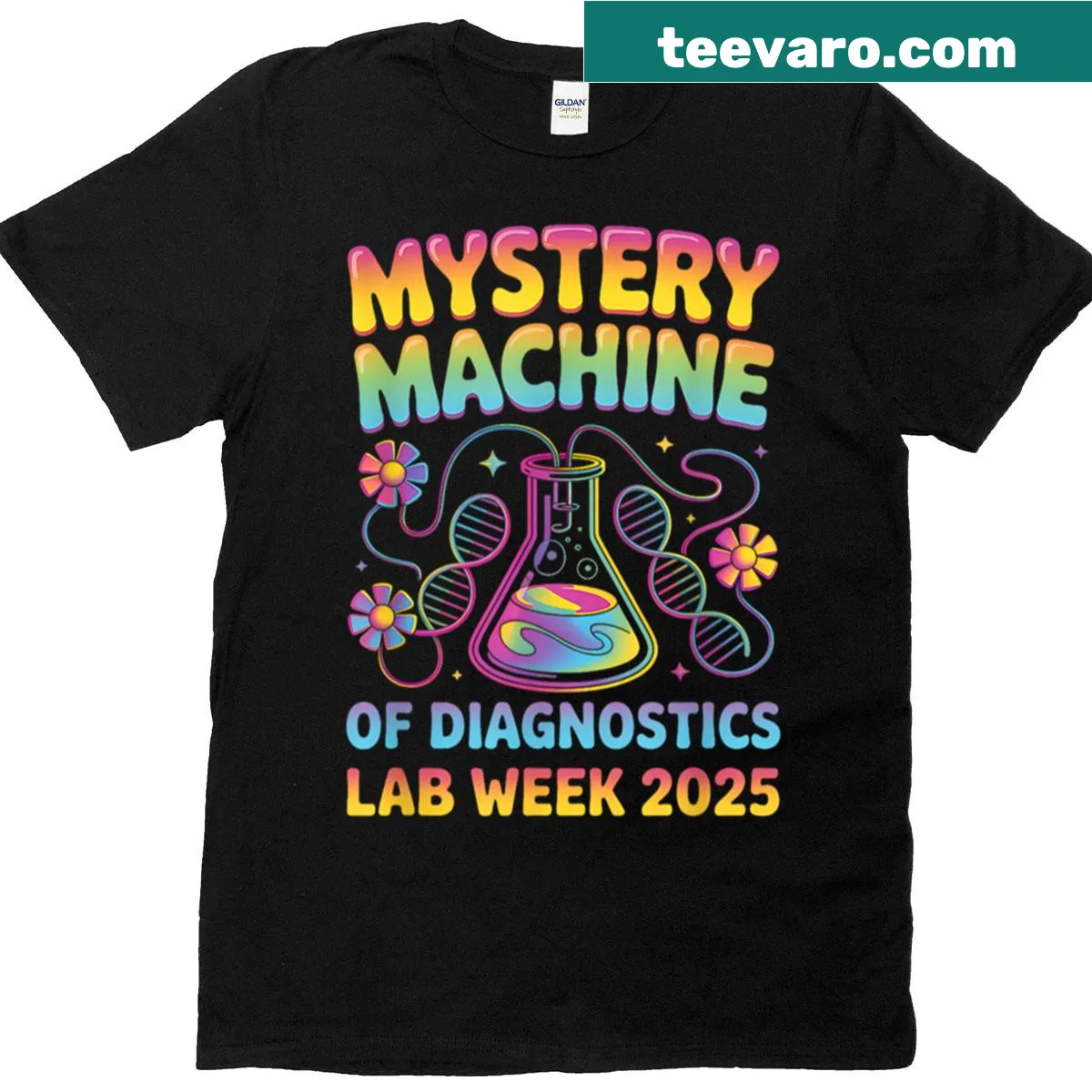 Mystery Machine diagnostics graphic T-shirt for Lab Week. — on a men's t-shirt