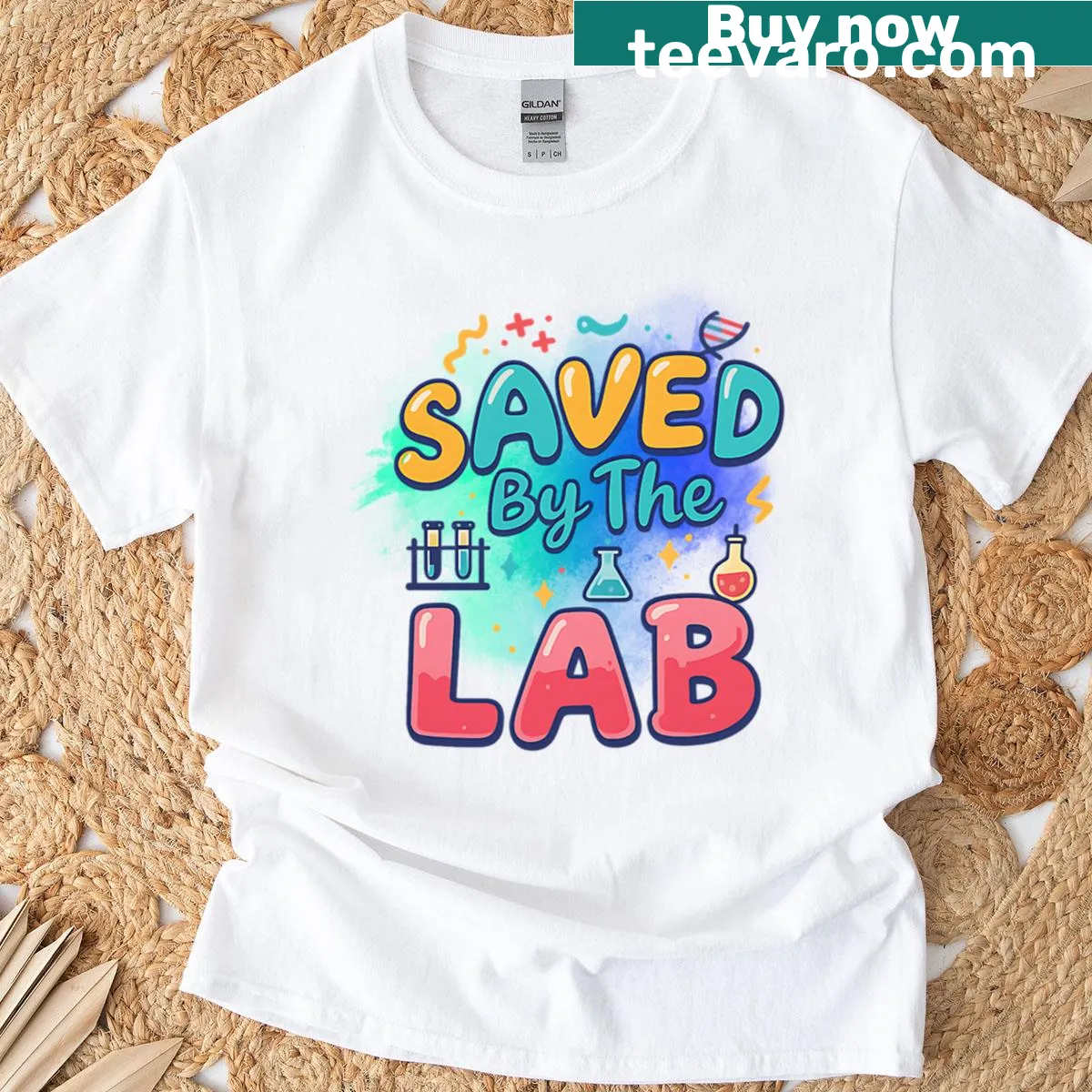 Retro Lab Week 2025 t-shirt with 'Saved By The Lab' text for lab techs — on a men's t-shirt