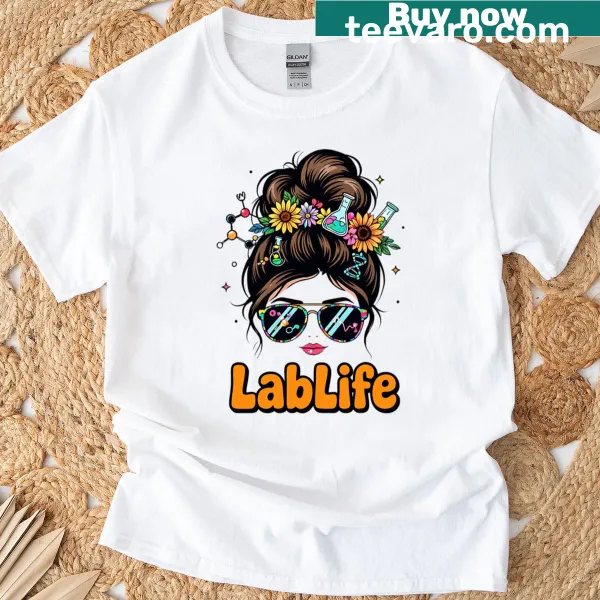 Cartoon design of a woman with a messy bun on a playful t-shirt