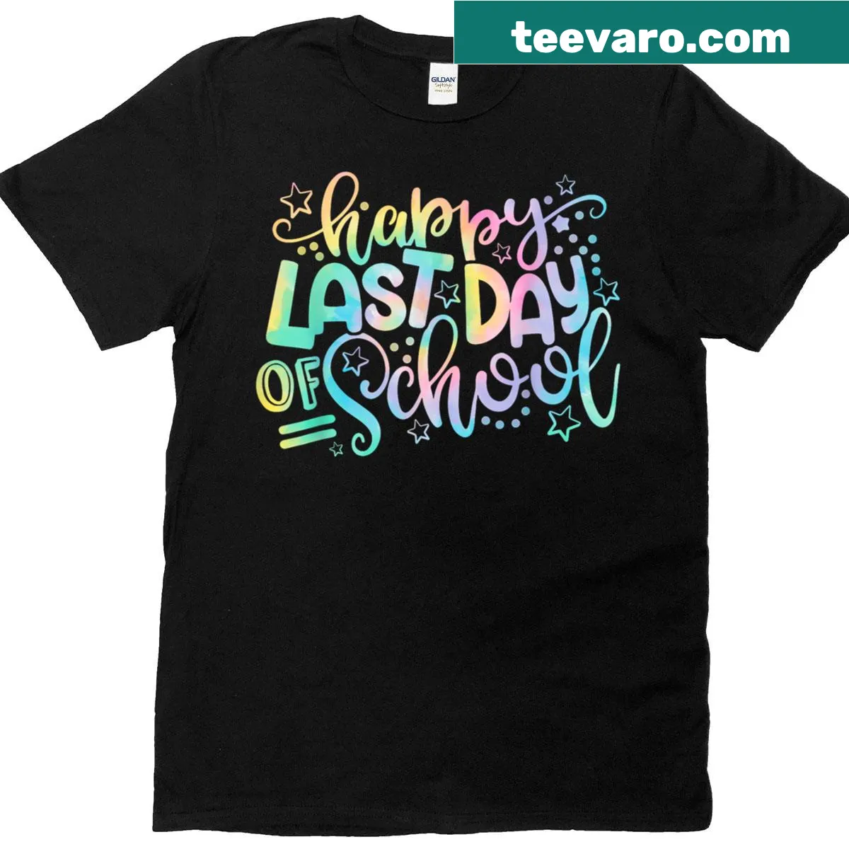Tie dye Last Day of School T-shirt with graduation-themed typography — on a men's t-shirt