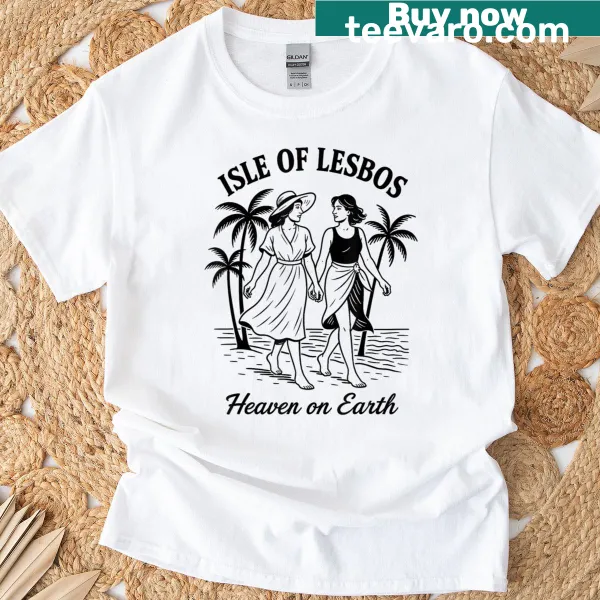 Illustrated tee depicting a romantic island scene for sapphic pride.